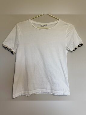 For The Republic White Crewneck Tee with crochet ruffle trim